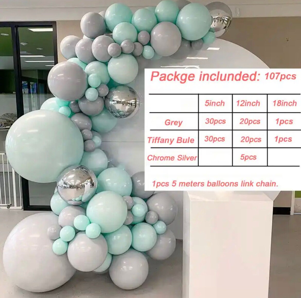 Mint Pastel Grey Silver Metallic Balloon Garland Graduation Birthday Baby Shower Bridal Party DIY BN23