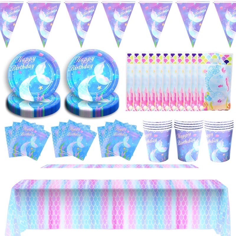 Mermaid Party Supplies Plates Cupcake Wrappers Napkins Tablecloth Banner Birthday Baby Shower Party DIY