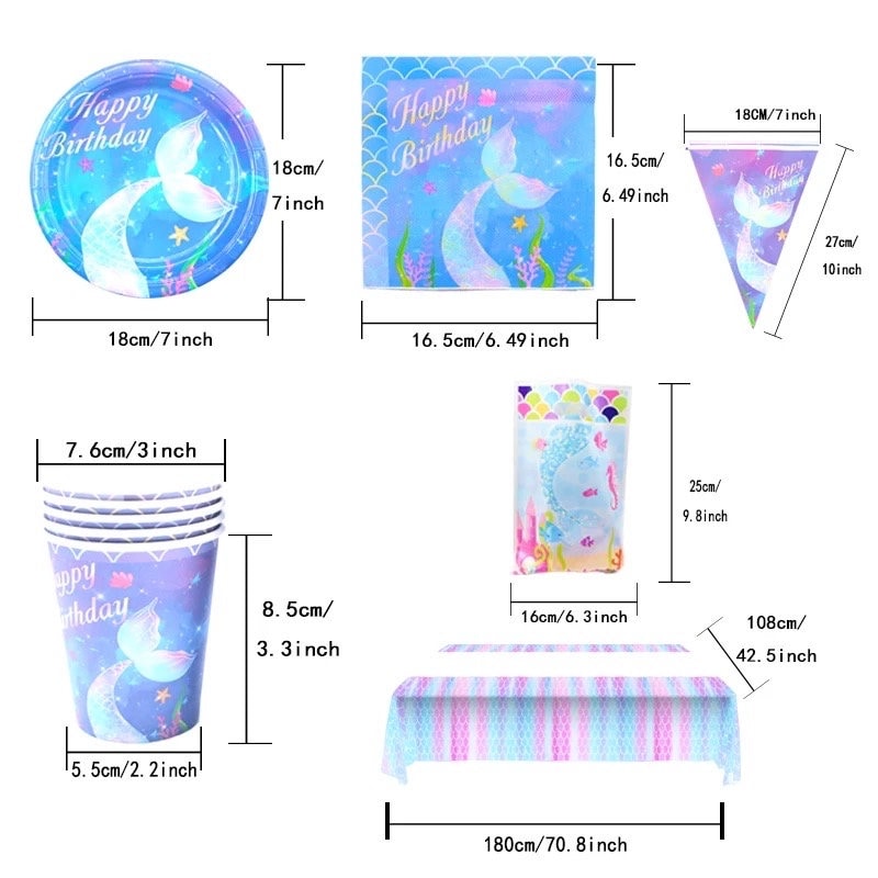 Mermaid Party Supplies Plates Cupcake Wrappers Napkins Tablecloth Banner Birthday Baby Shower Party DIY