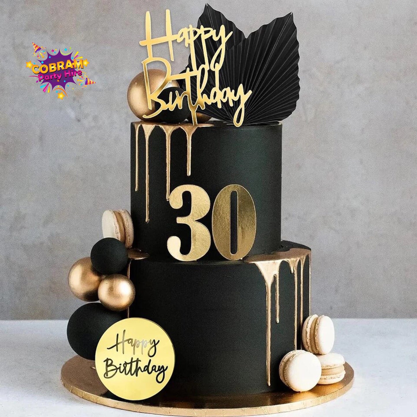 Happy Birthday Black and Gold Ball Cake Topper Party DIY Decorations