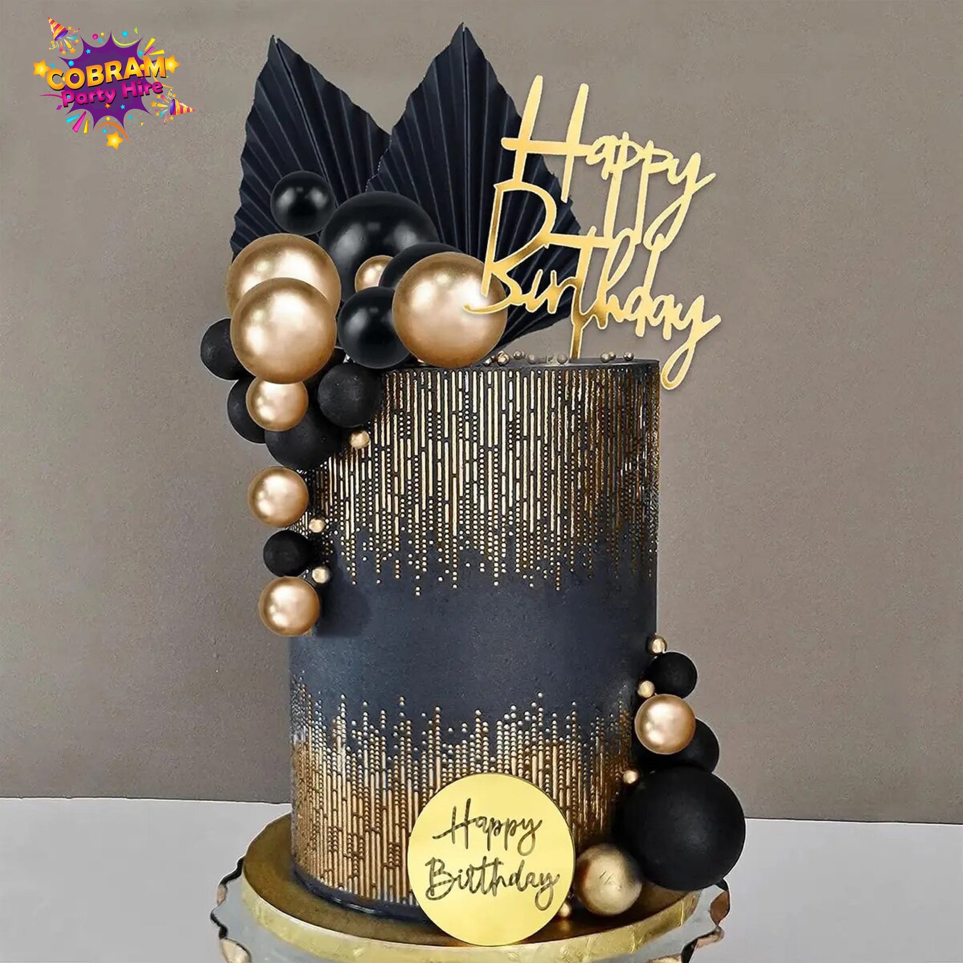 Happy Birthday Black and Gold Ball Cake Topper Party DIY Decorations