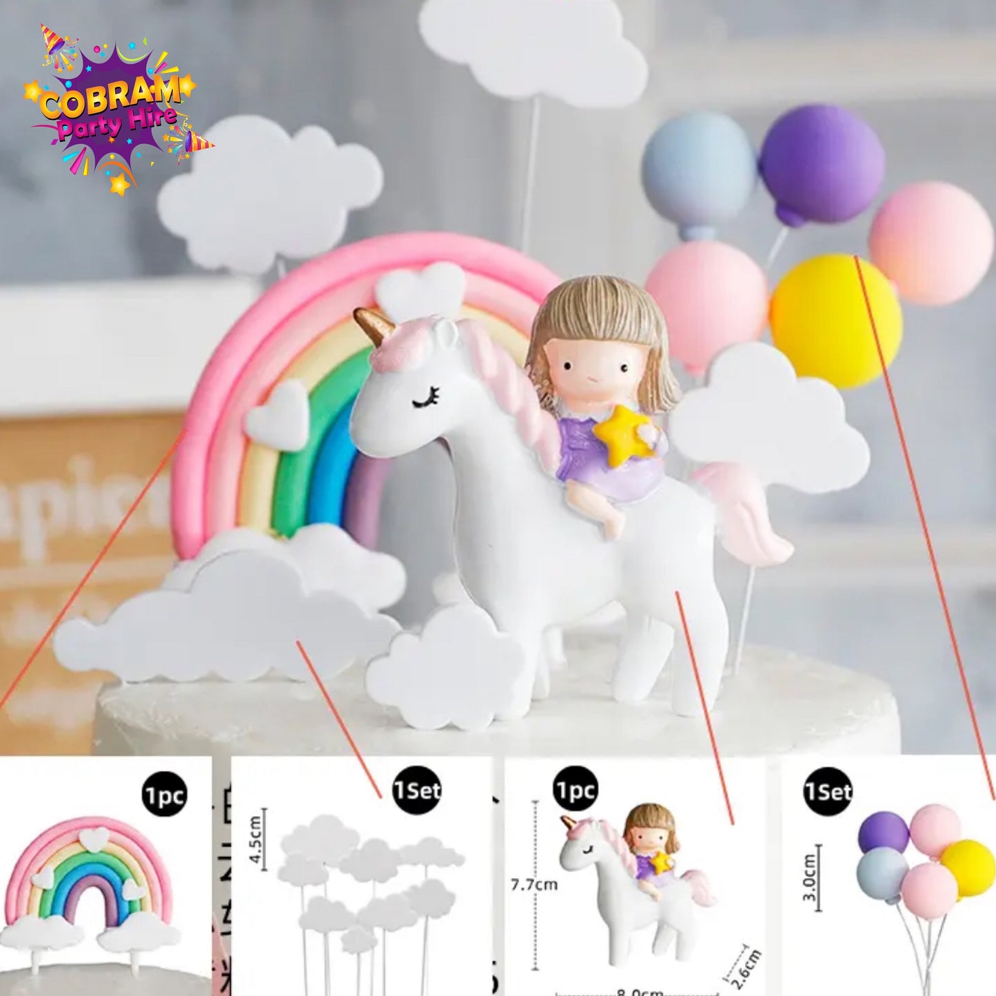 Pastel Rainbow Clouds Unicorn Balloons Cake Topper Party Birthday Baby Shower DIY Decorations