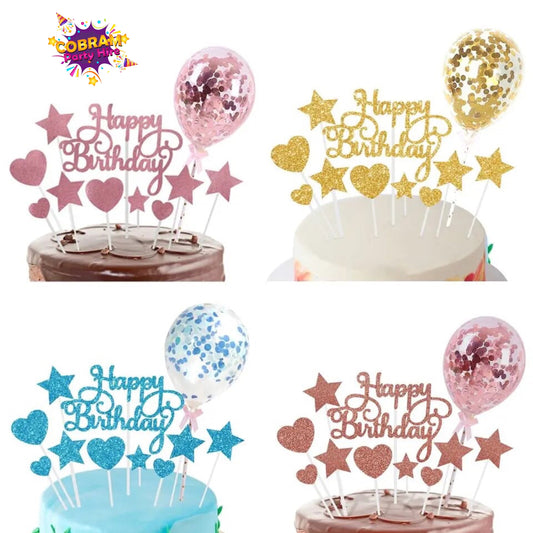 Happy Birthday Balloon Cake Topper Glitter Confetti Party DIY Decorations