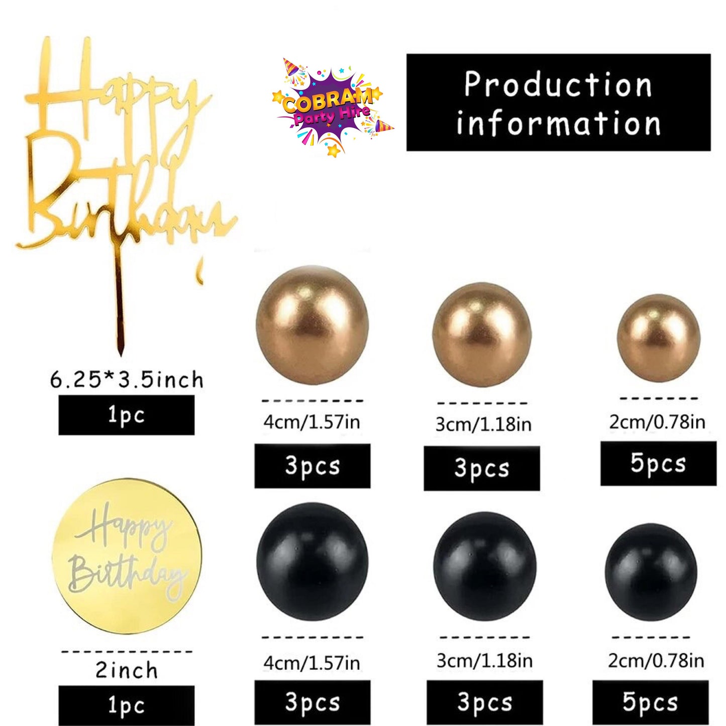 Happy Birthday Black and Gold Ball Cake Topper Party DIY Decorations