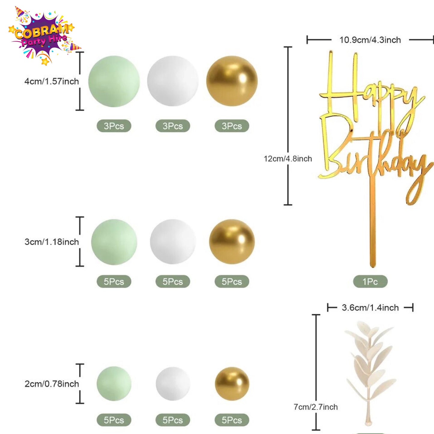 Happy Birthday Ball Cake Topper Mint Kit White Gold Party DIY Decorations