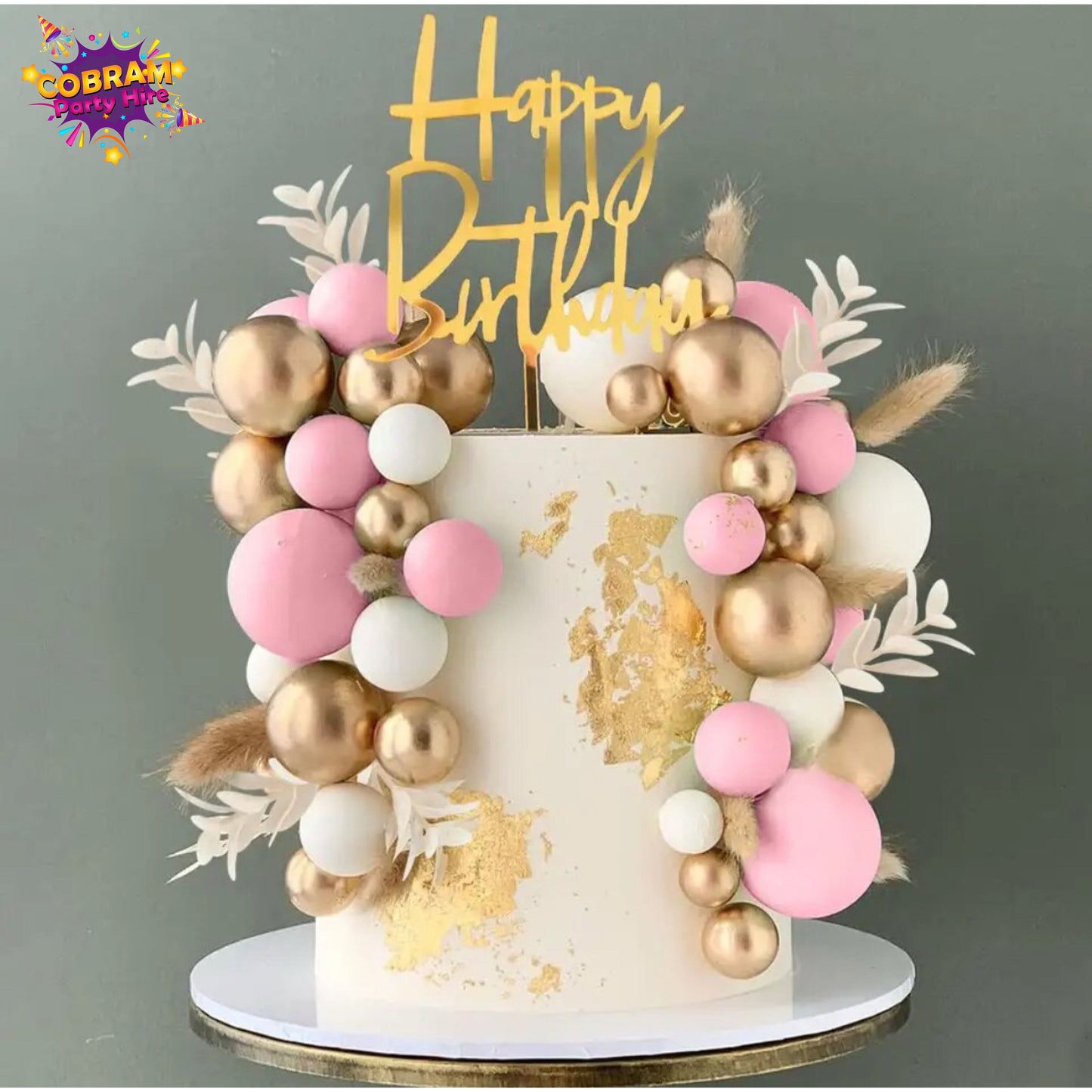 Happy Birthday Ball Cake Topper Gold White Pink Party DIY Decorations