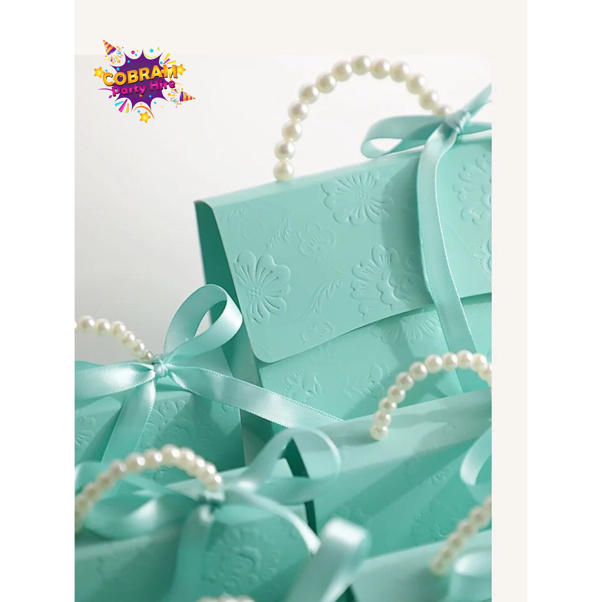 Set of 10 Aqua Green with Print and Pearls Party Favor Boxes Graduation Birthday Baby Shower Bridal Party Wedding DIY